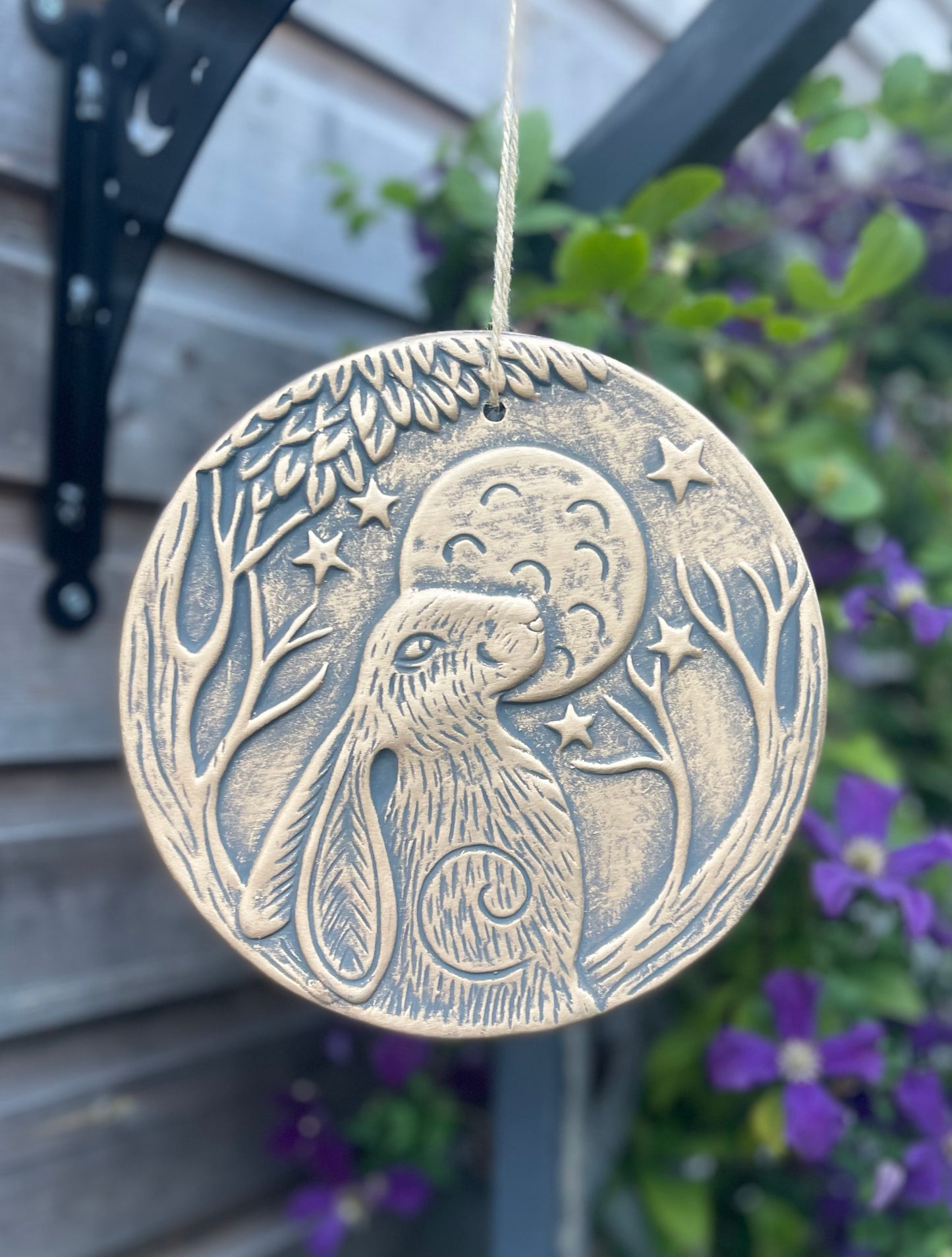 Moon Gazing Hare Bronze Terracotta Hanging Garden Wall Plaque