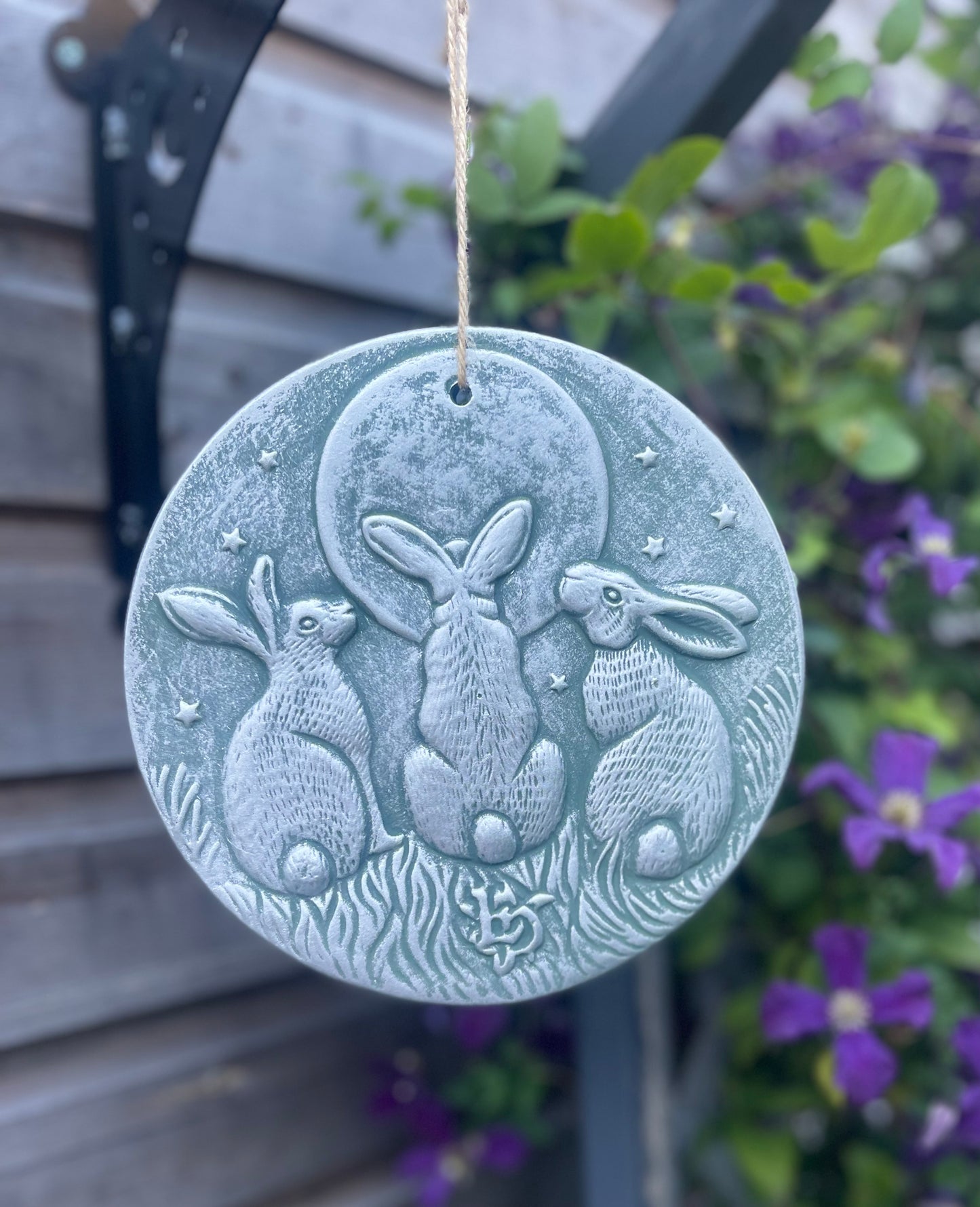 Moon Gazing Hares Terracotta Hanging Garden Wall Plaque Bronze or Silver