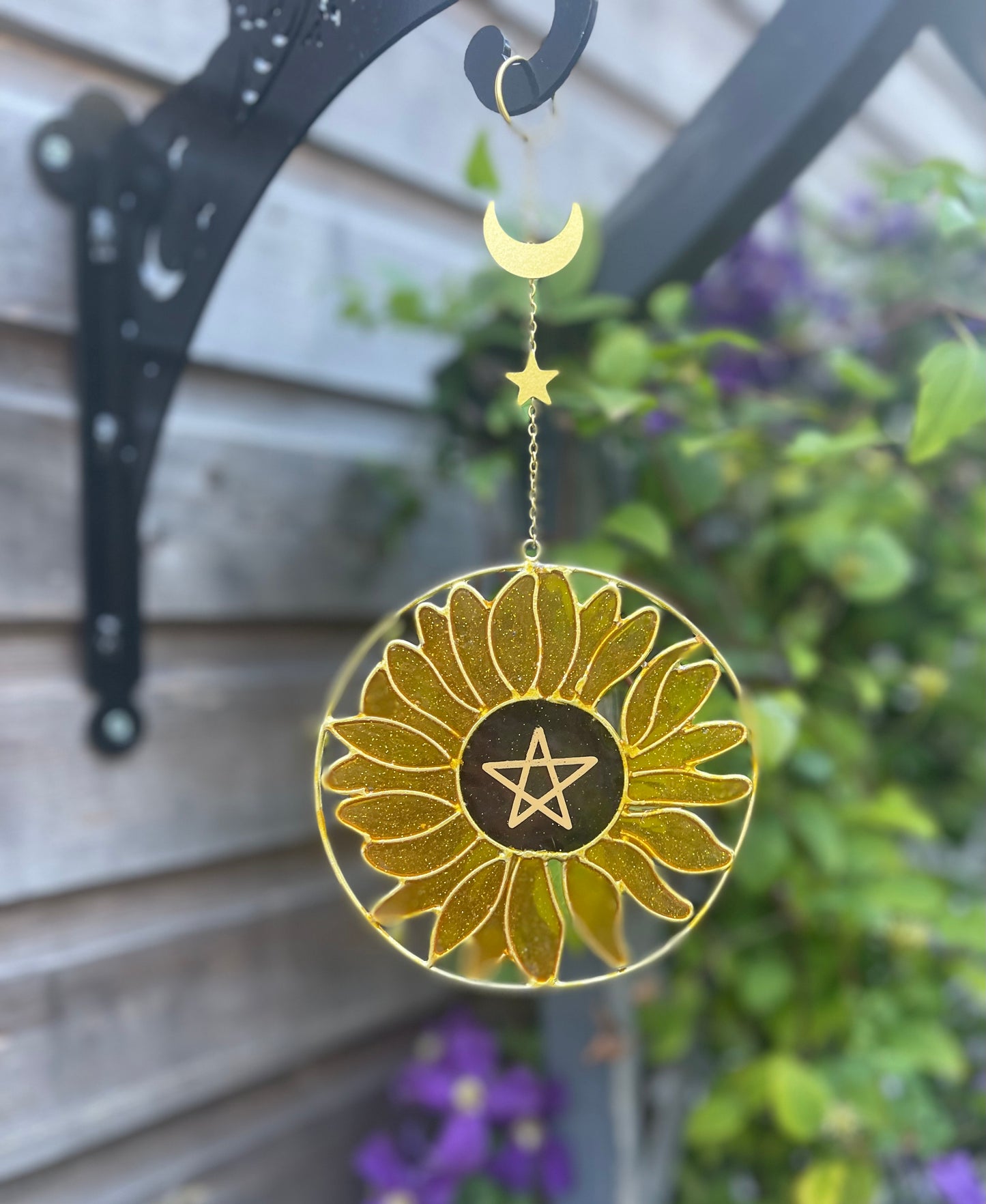 Sunflower Celestial Sun Light Catcher Wind Spinner Garden Hanging Decoration Summer Solstice Pentagram Star & Crescent Moon Garden Gifts