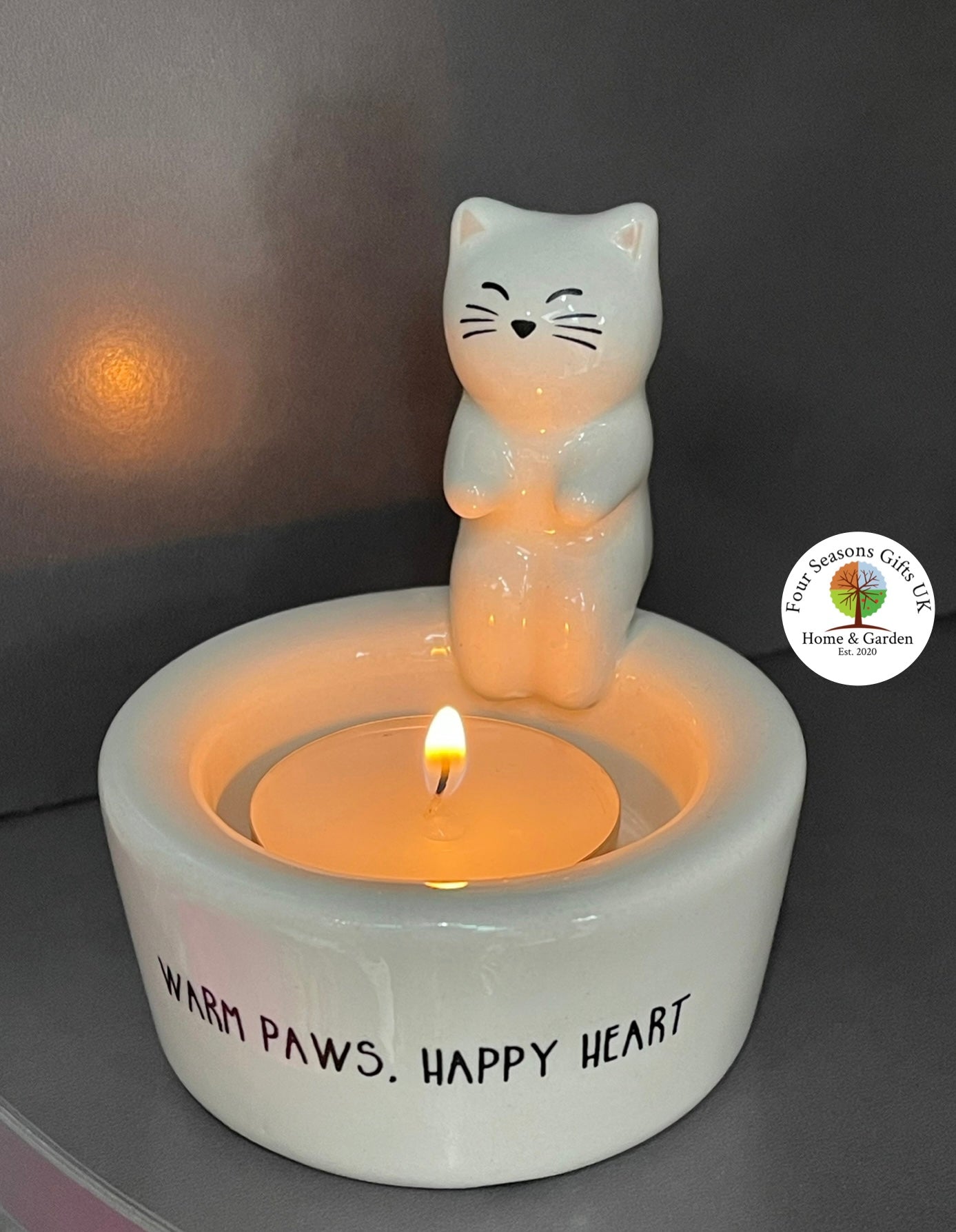 Warm Paws, Happy Heart Cat Tealight Holder – Ceramic Candle Holder Gift