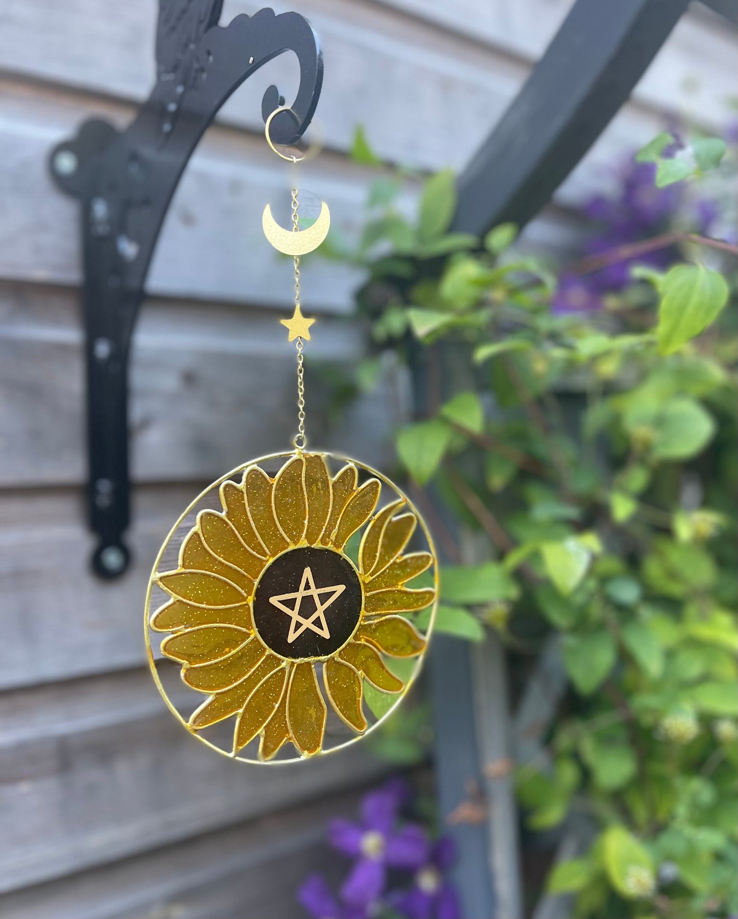 Sunflower Celestial Sun Light Catcher Wind Spinner Garden Hanging Decoration Summer Solstice Pentagram Star & Crescent Moon Garden Gifts