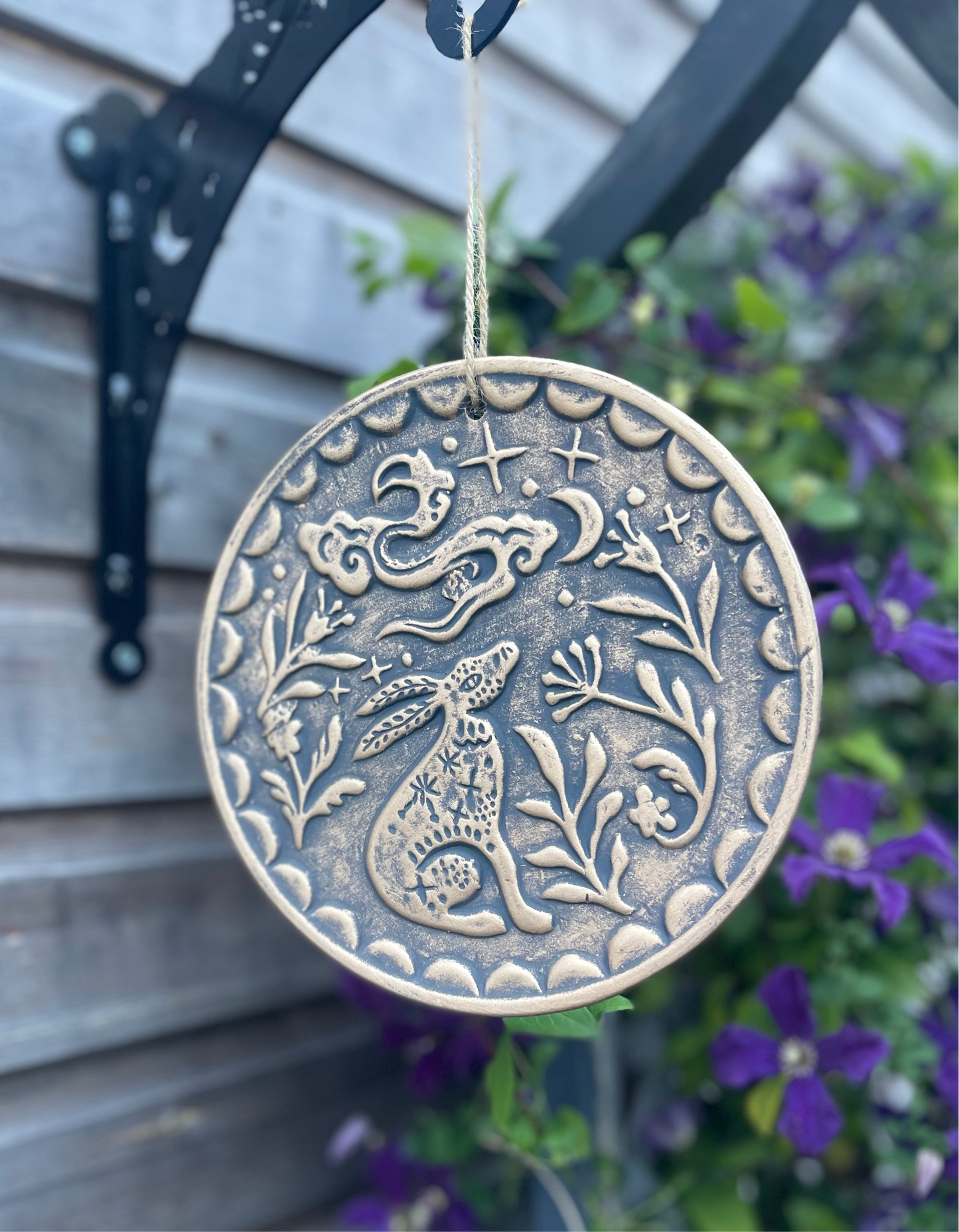 Midnight Moon Gazing Hare Bronze Terracotta Hanging Garden Wall Plaque