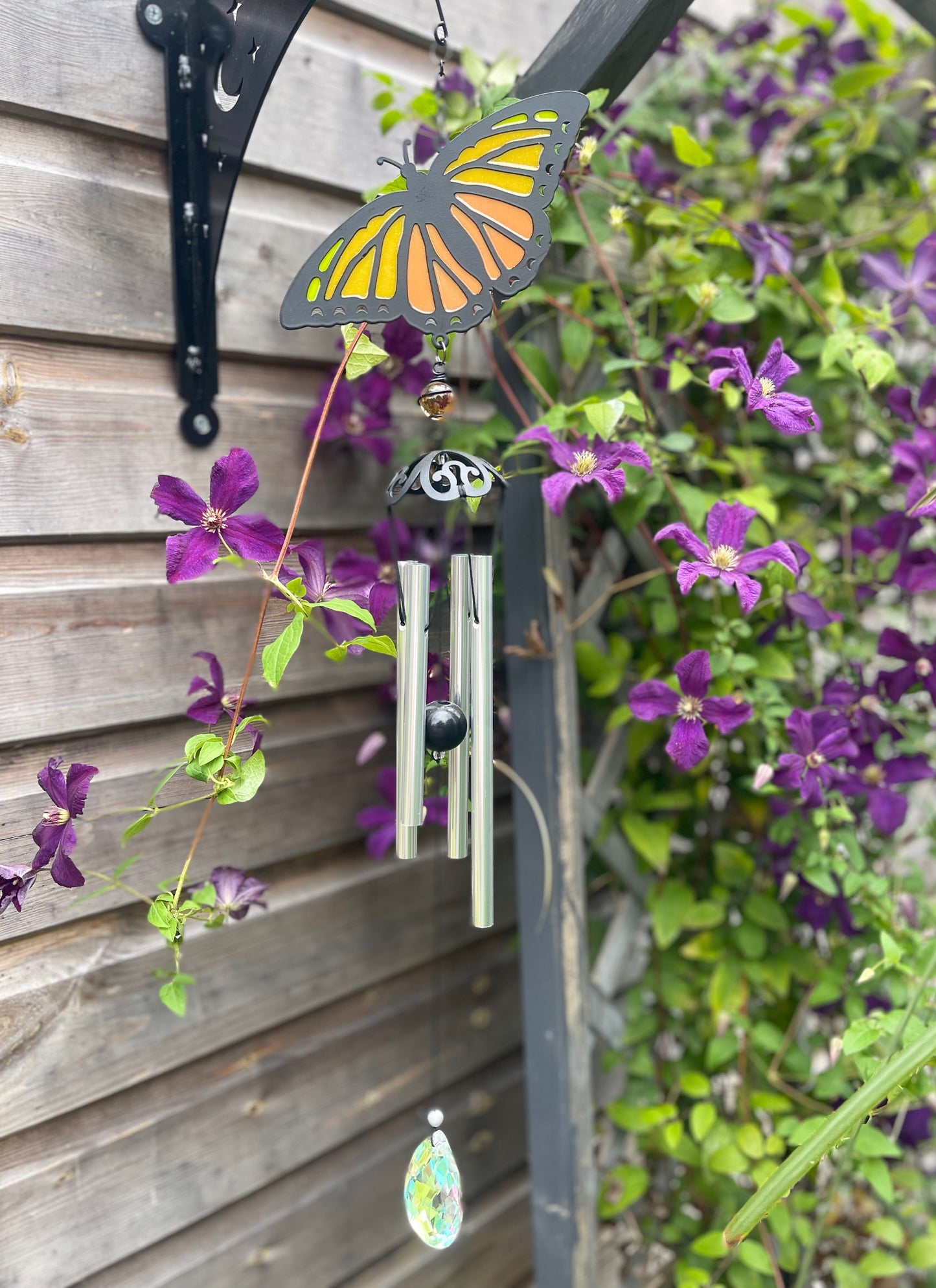 Beautiful Orange, Yellow & Black Butterfly Wind chime Wind Spinner With Crystal Effect Dropper Sun Light Catcher