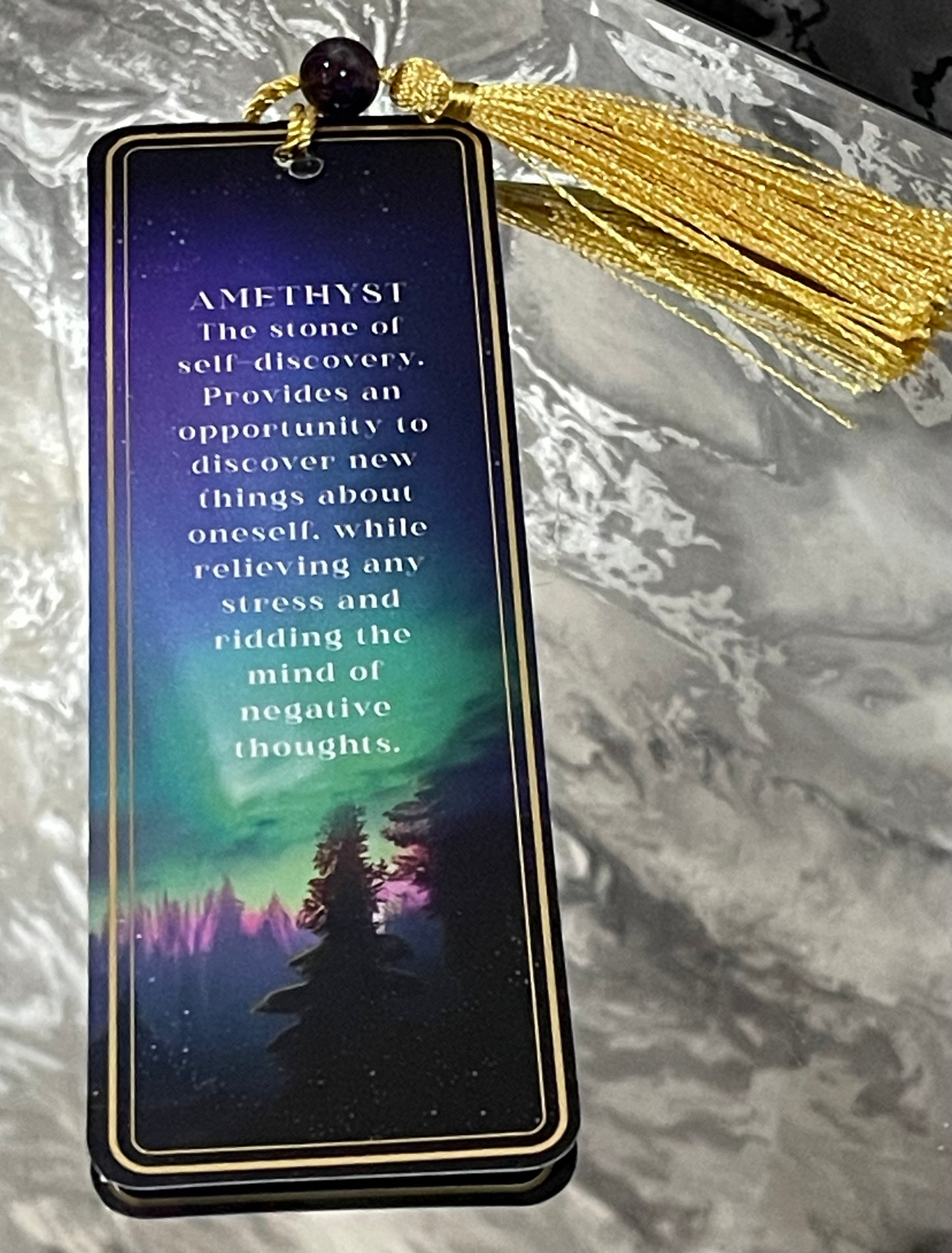 Amethyst Crystal Bookmark – Northern Lights Design with Gold Tassel – Mindfulness & Book Lover Gift