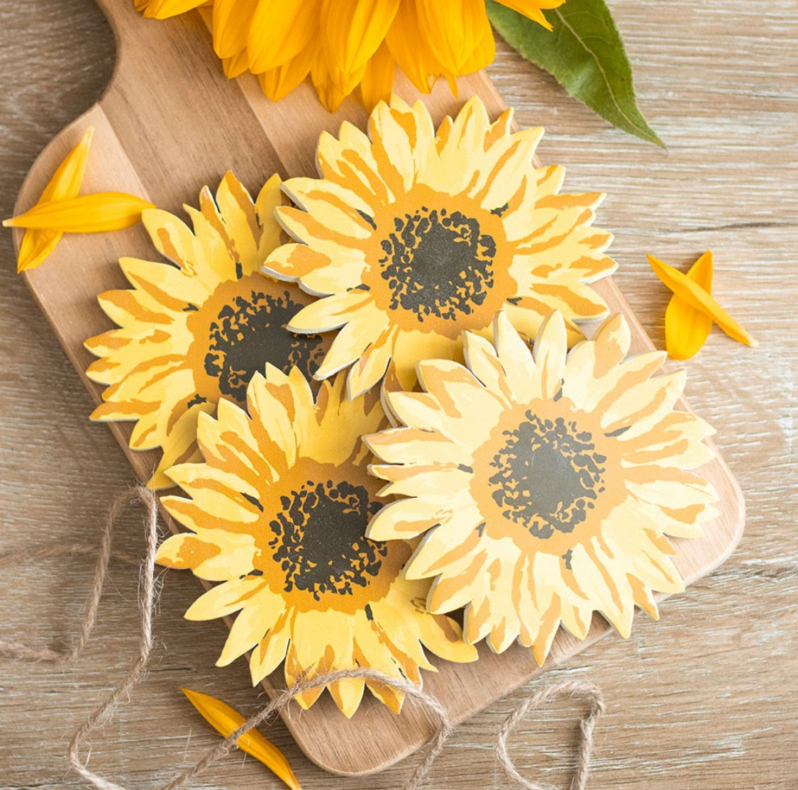 Set Of 4 Wood Sunflower Floral Drink Coasters Home Bar Dining Table Decor Gifts