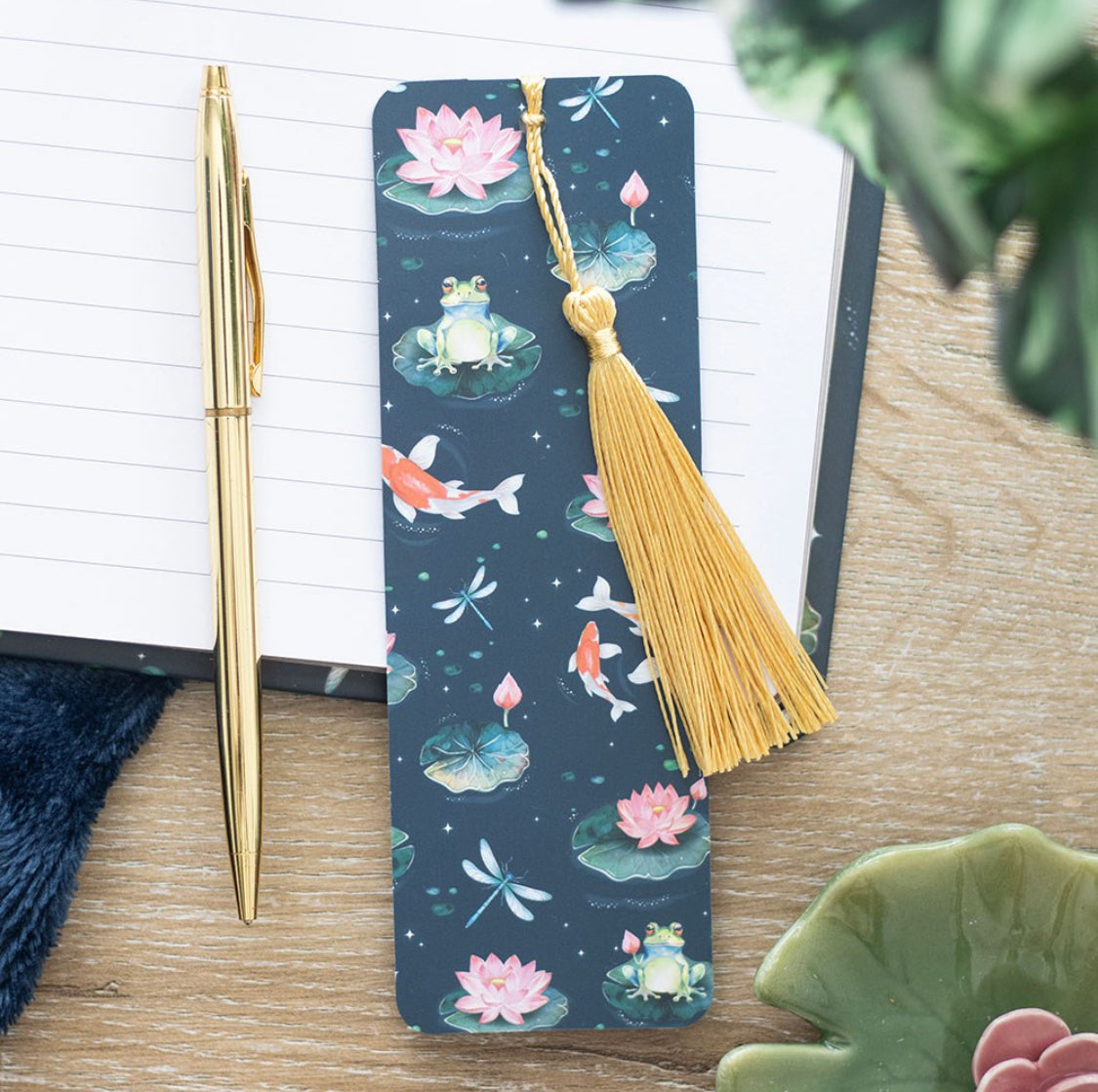 Pond Life Bookmark with Gold Tassel – Koi Fish, Lily Pad and Frog Design – Gift for Book Lovers & Readers