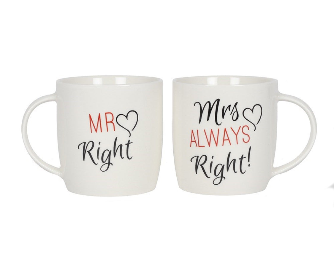 Mr & Mrs Right Couples Ceramic Mug Set Fun Wedding Pottery 9th Anniversary Gift