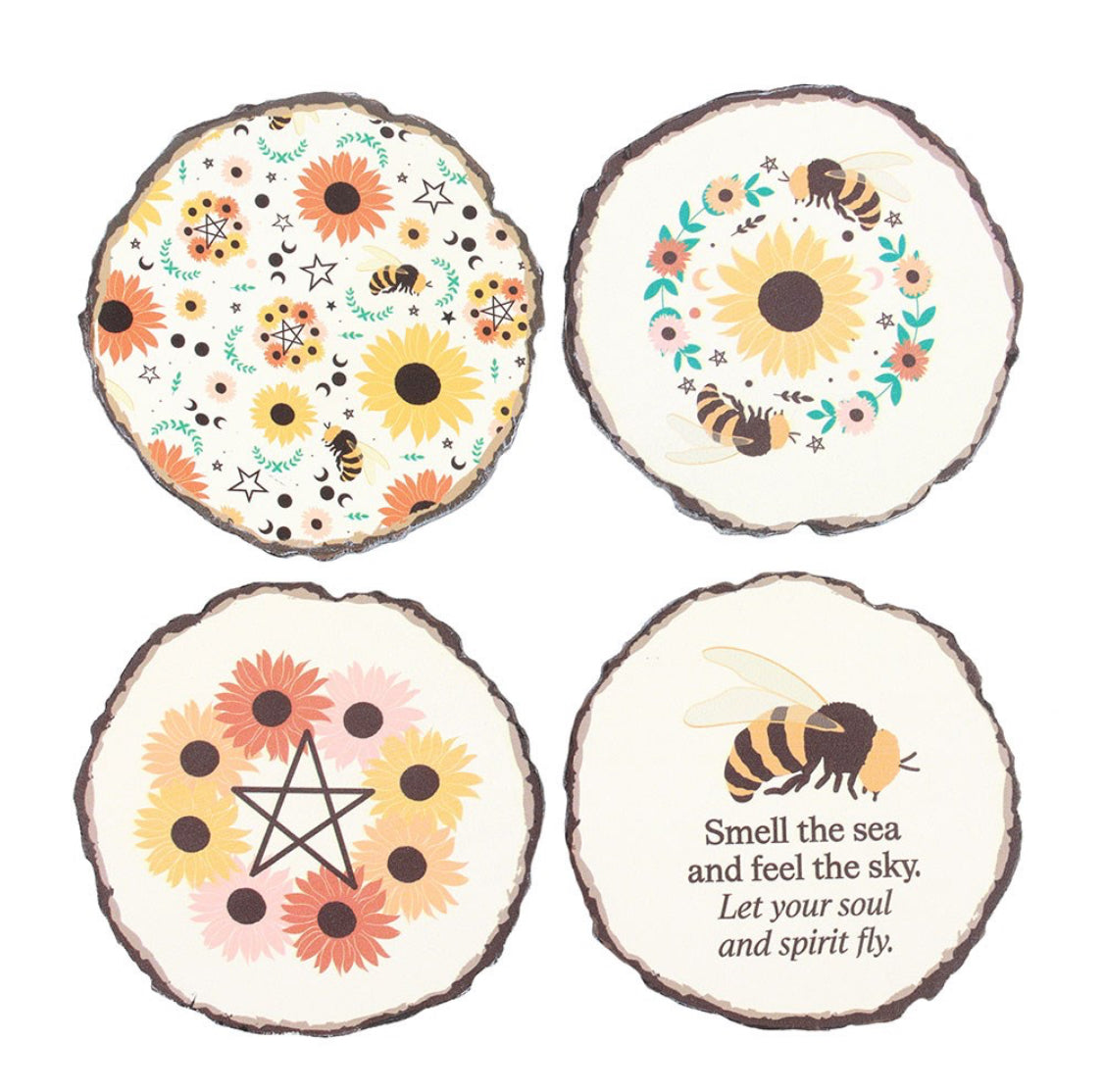 Set of Four Wooden Log Slice Effect Summer Solstice Drink Coasters