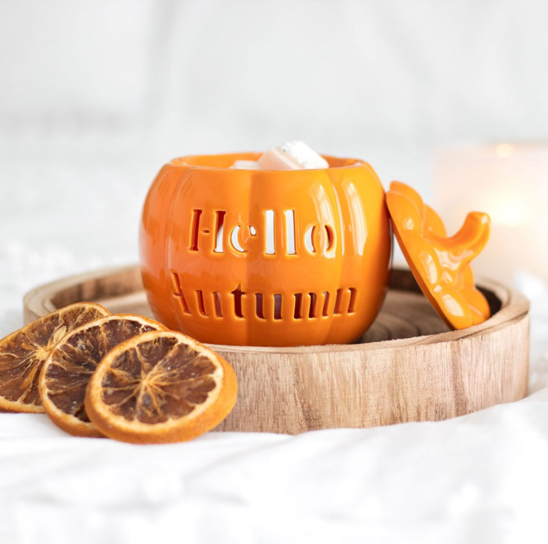 Hello Autumn Orange Pumpkin Oil Burner Wax Melt Warmer Home Decor Ornament Gifts