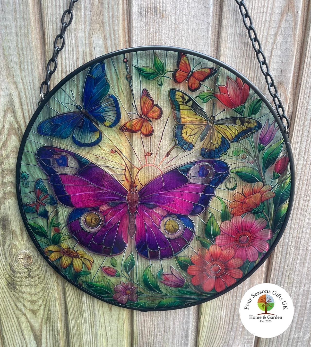 Beautiful Butterflies Stained Glass Effect Orbit Hanging Sun-catcher Wind Spinner Garden Ornament