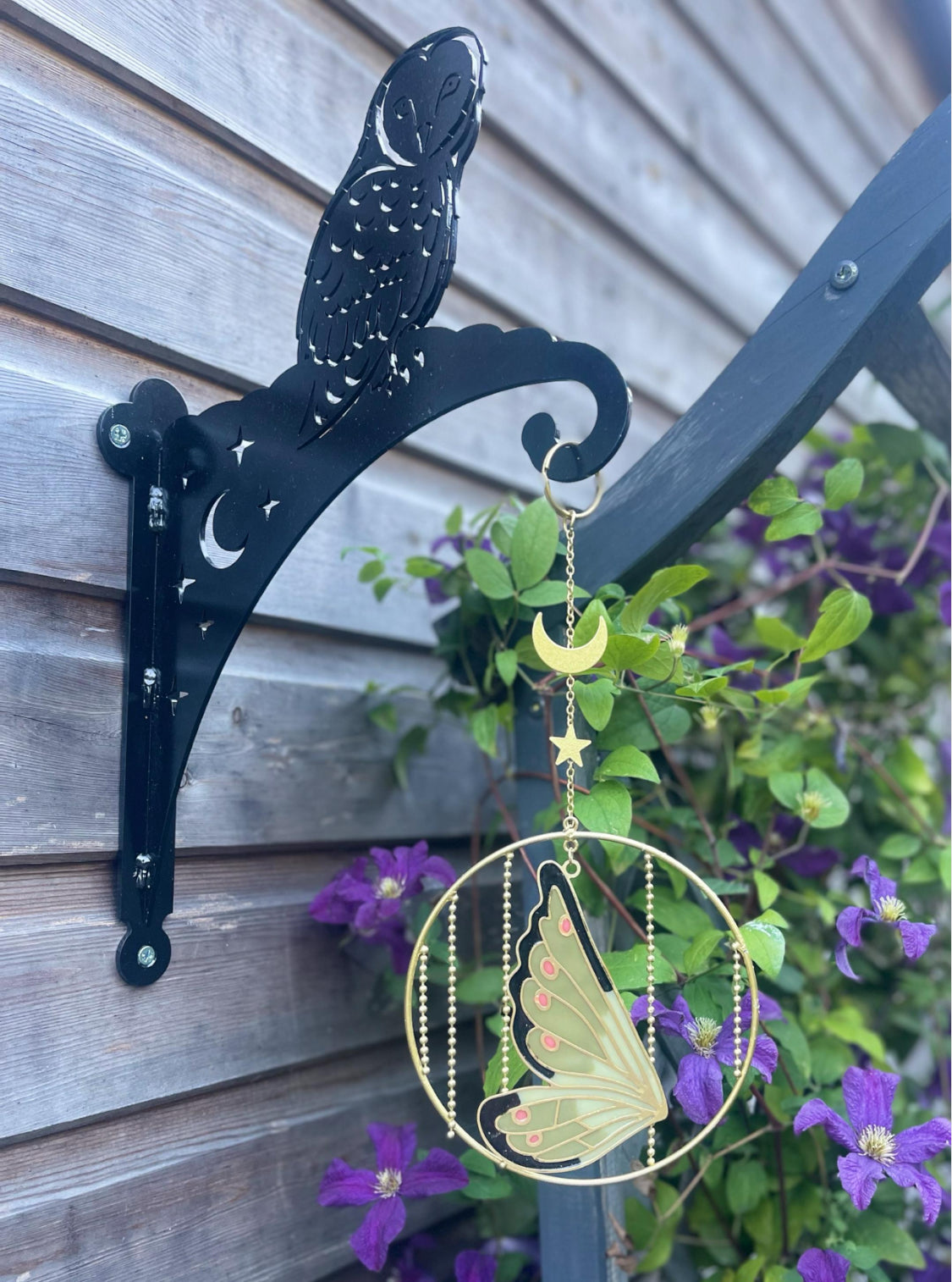 Whimsical Fairy Wing, Decorative Wind Spinner Sun catcher Hanging Garden Ornament, Gold Moon Star Celestial Theme. Summer Birthday Fairy Garden Gifts