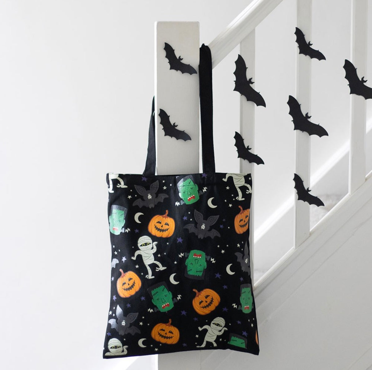 ๐ Monster Mash Halloween Tote Bag โ Spooky Pumpkin, Bat & Frankenstein Print Polycotton Shopper