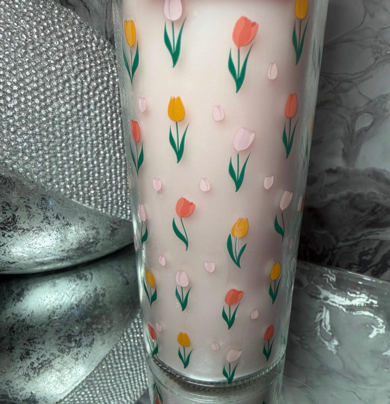 Tulip Flower Print Tube Candle | French Tulip Scented Glass Candle | Spring Floral Home Decor Gifts