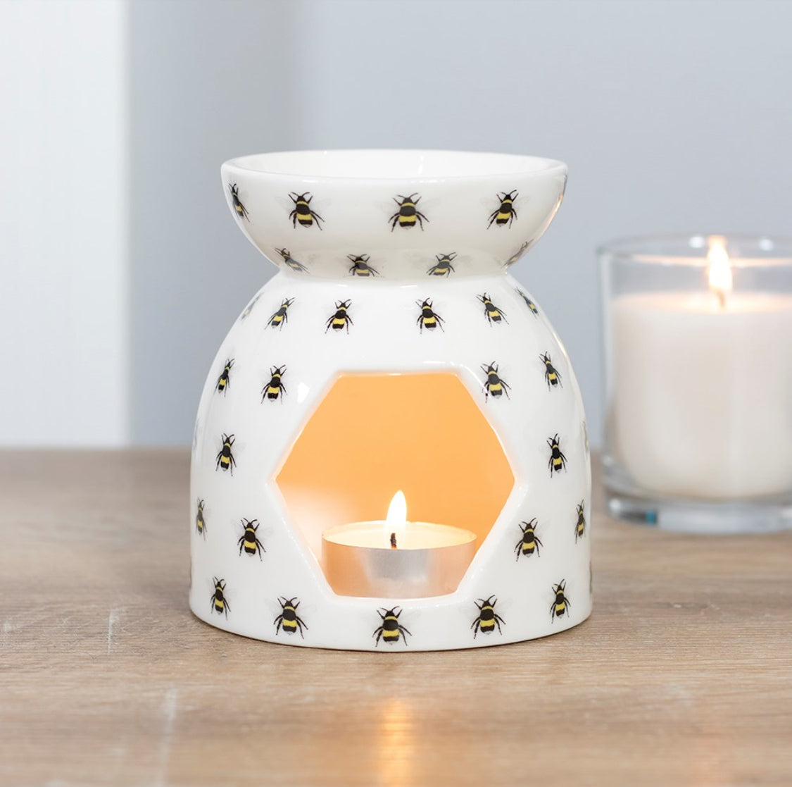 White All Over Bee Print Oil Burner Wax Melt Warmer Spring Ornament Decor Garden Gifts