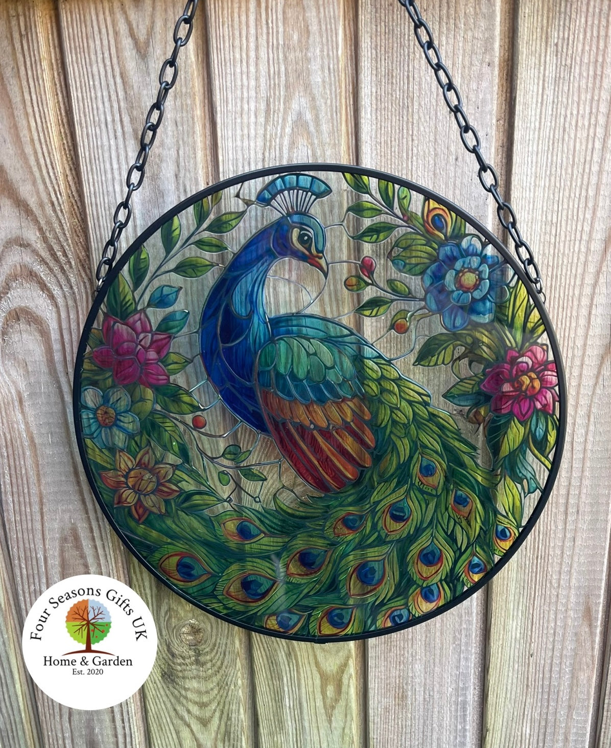 Peacock Bird Stained Glass Effect Orbit Hanging Sun-Catcher Wind Spinner Garden Ornament