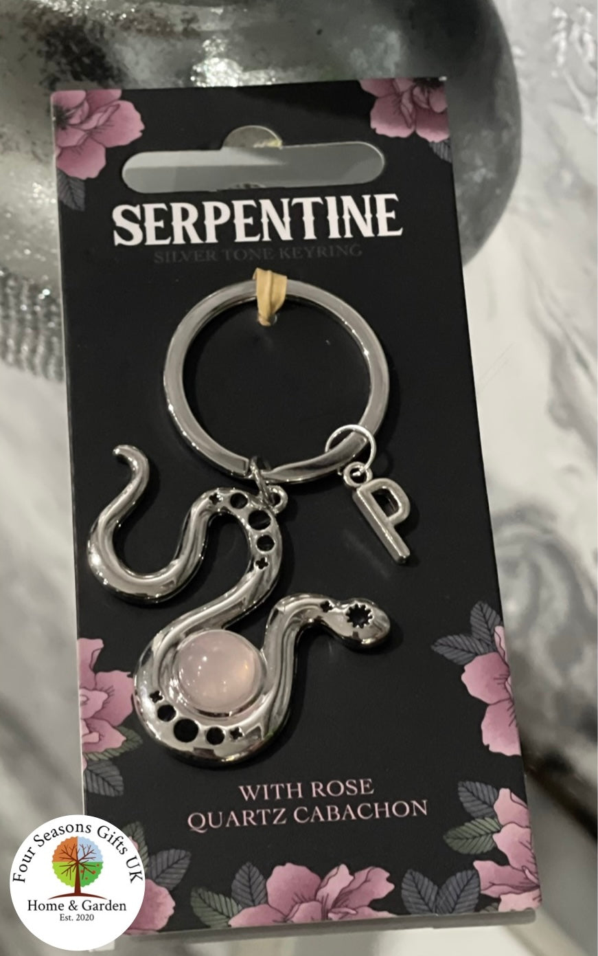 Silver Serpentine Snake Personalised Enamel Keyring With Rose Quartz Cabochon Detail, Handbag Charm - Gifts for Someone Special
