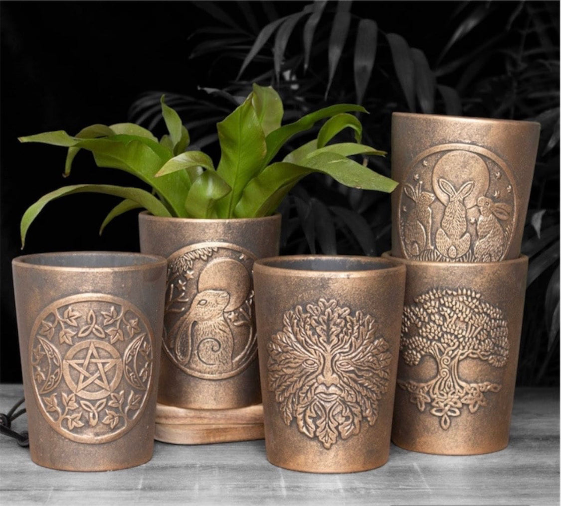 Bronze Terracotta Decorative Plant Pots Moon Gazing Hare, Triple Moon, Green Man, Tree Of Life Designs