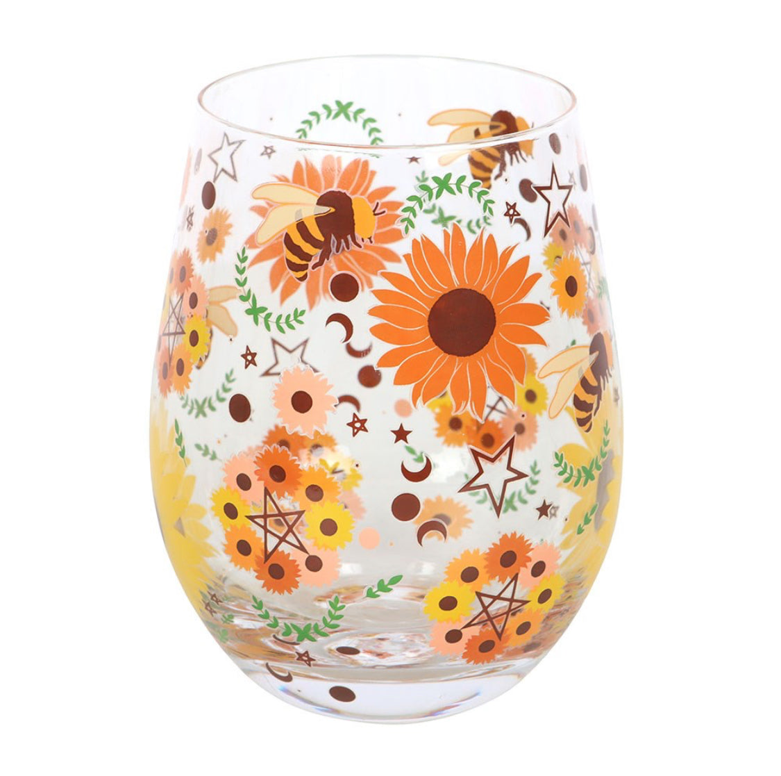 Floral Sunflower & Bee Summer Solstice Design Stemless Wine Glass Gift