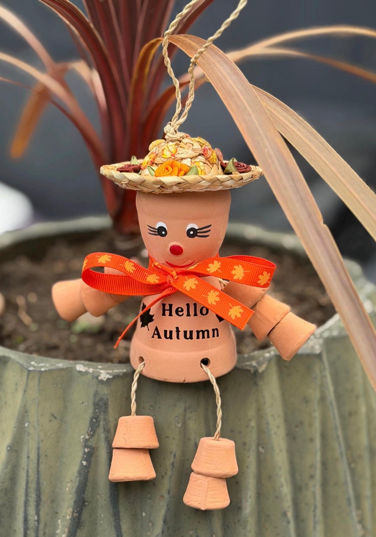 Hello Autumn Pot Person, Autumn Garden Ornament, Flowerpot Lady, Fall Garden Decor, Seasonal Gift for Gardener