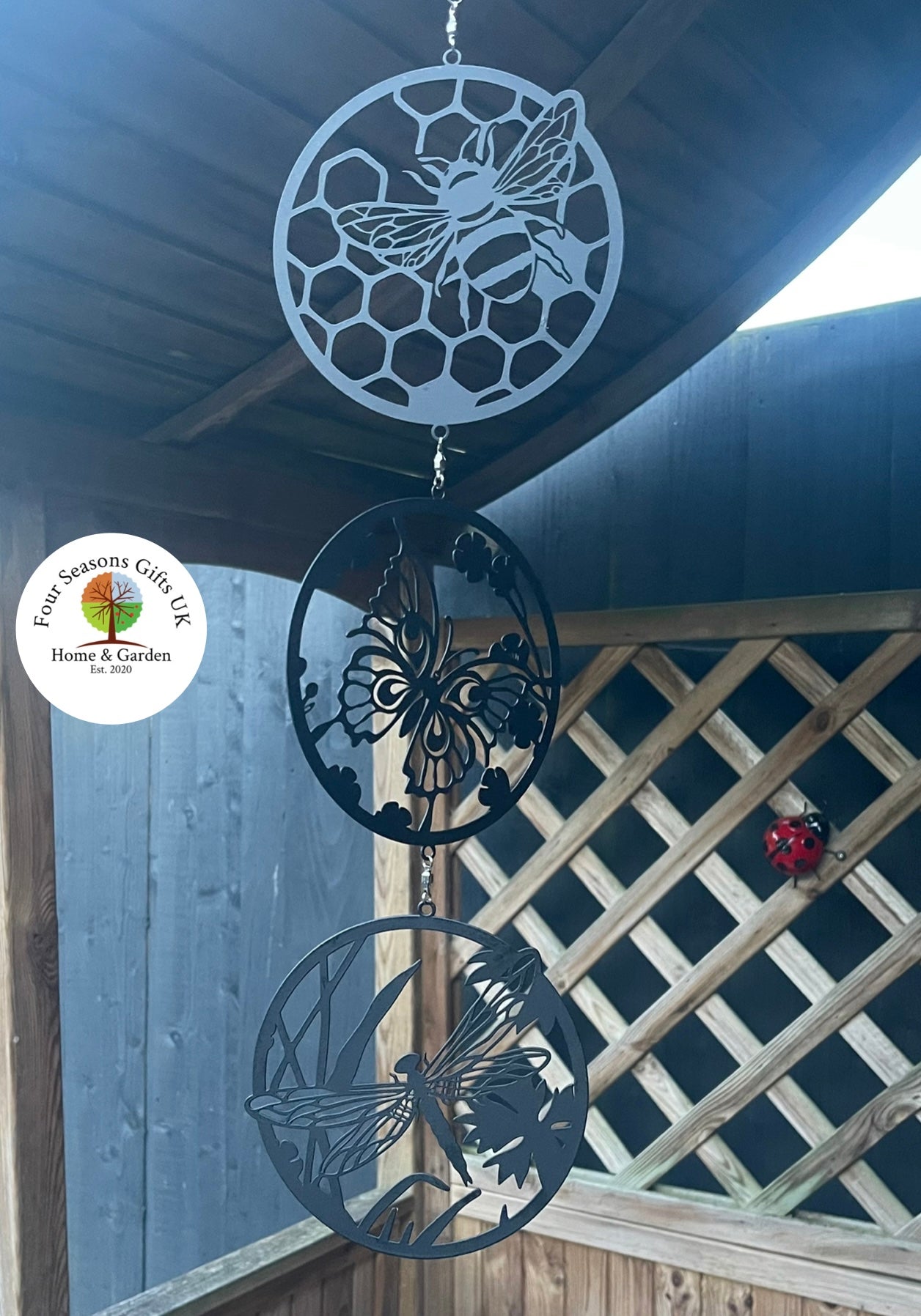70cm Bee Butterfly & Dragonfly Design Silhouette Trio Orbit Wind Spinning Hanging Garden Decoration