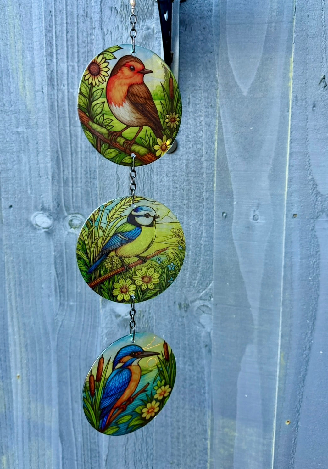Triple Bird Glass Suncatcher Hanging Decoration, Stained Glass Effect Garden or Window Light Catcher, Robin, Blue Tit & Kingfisher Design