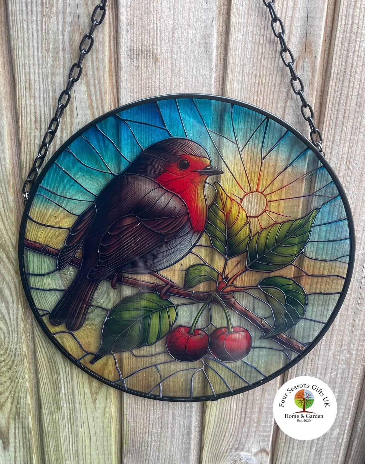 Robin Bird Stained Glass Effect Orbit Hanging Sun-catcher Wind Spinner Garden Ornament