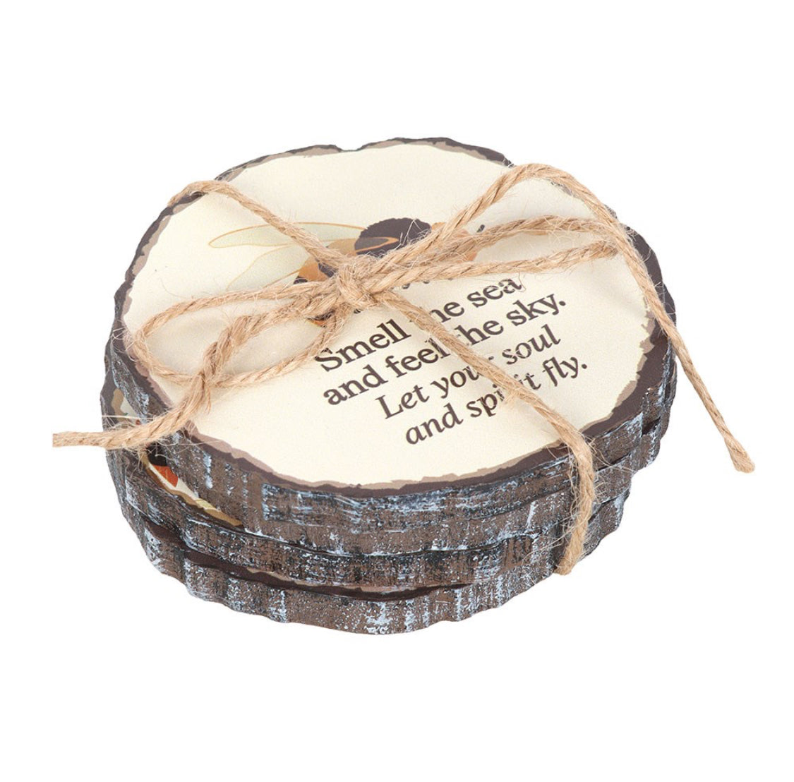 Set of Four Wooden Log Slice Effect Summer Solstice Drink Coasters