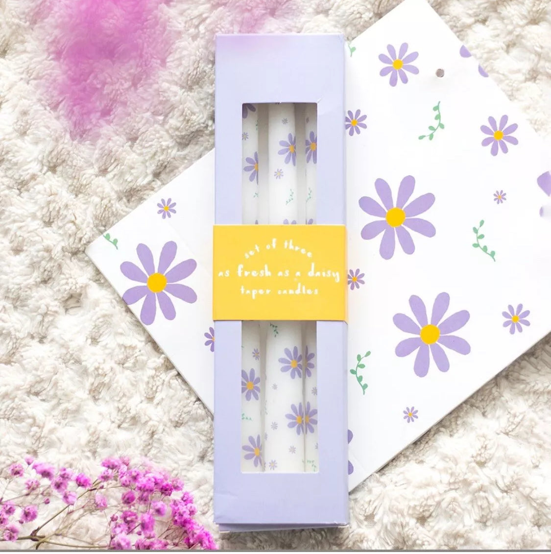 Purple Daisy Set Of 3 Taper Dinner Candles Spring Floral Flower Home Decor Gifts