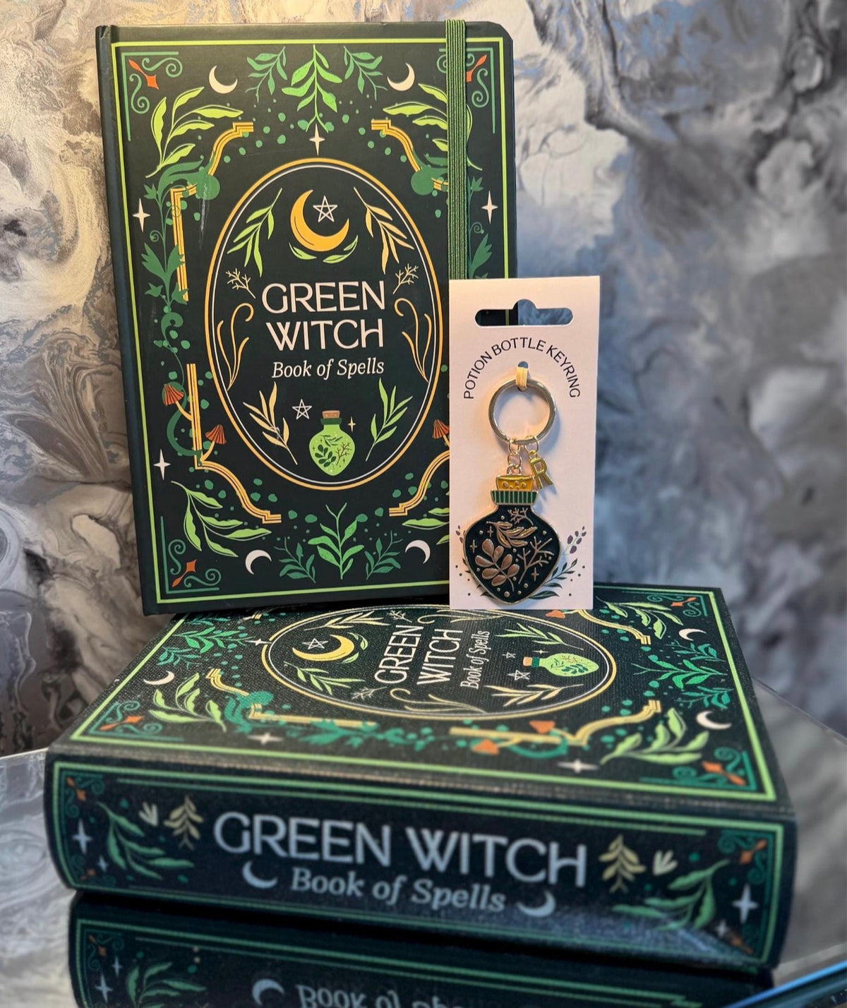 Green Witch Gift Set – Book of Spells Storage Box, A5 Notebook & Personalised Keyring