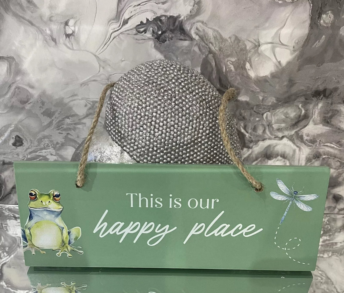 This Is Our Happy Place Frog & Dragonfly Hanging Garden Wall Sign Plaque Gifts