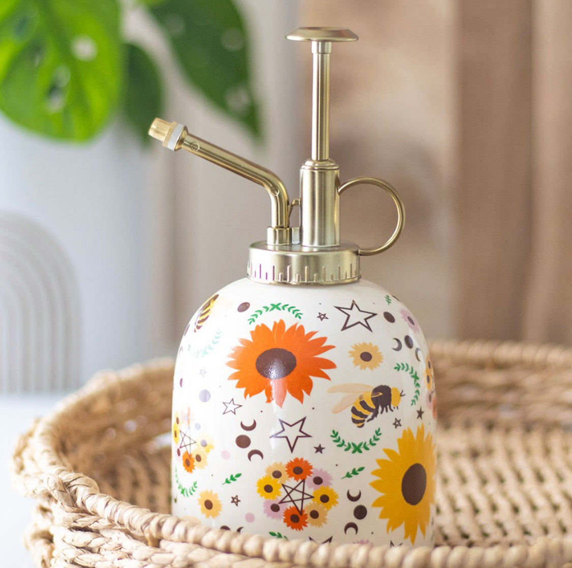 Summer Solstice Ceramic Plant Mister Spray Bottle Sunflower Bees Pentagram Moon Print