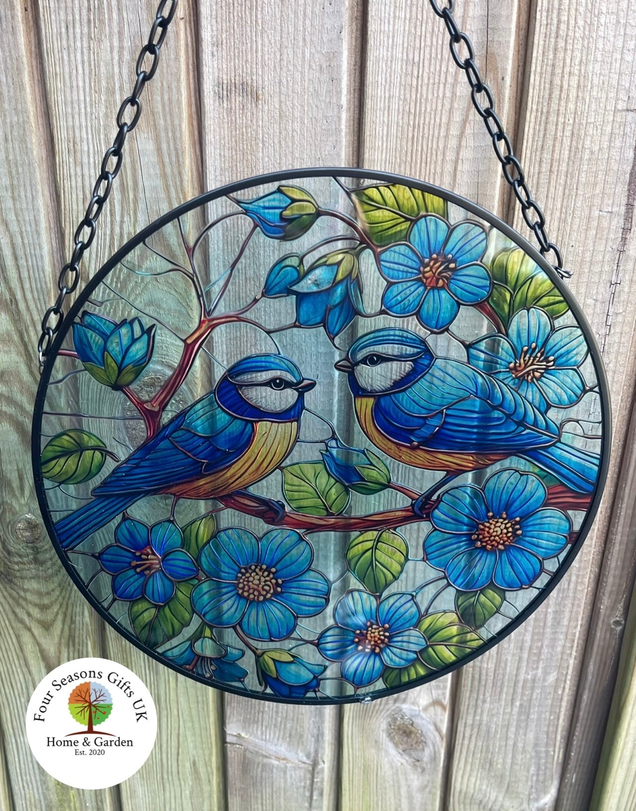 Blue Tit Birds Stained Glass Effect Orbit Hanging Sun-catcher Wind Spinner Garden Ornament