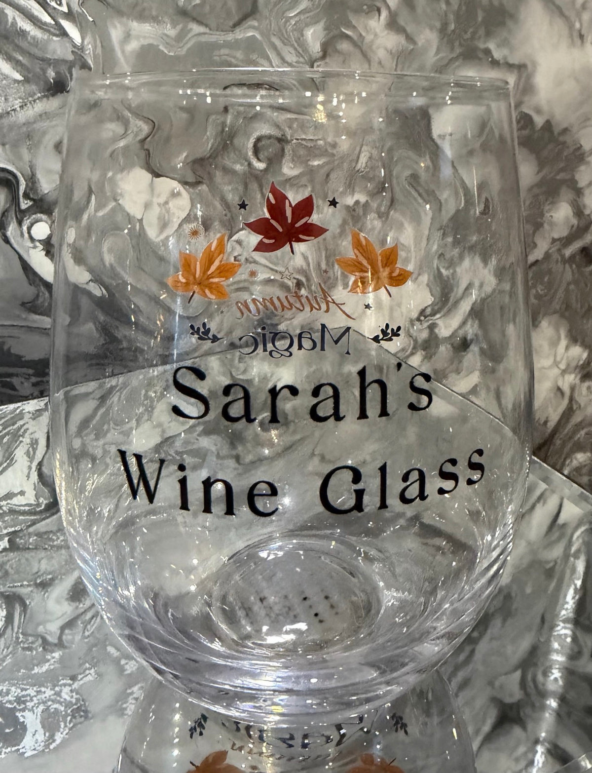 Personalised Autumn Wine Glass, Autumn Magic Stemless Glass, Wine Lover Gift, Fall Leaves Drinkware, Cosy Autumn Gift For Her