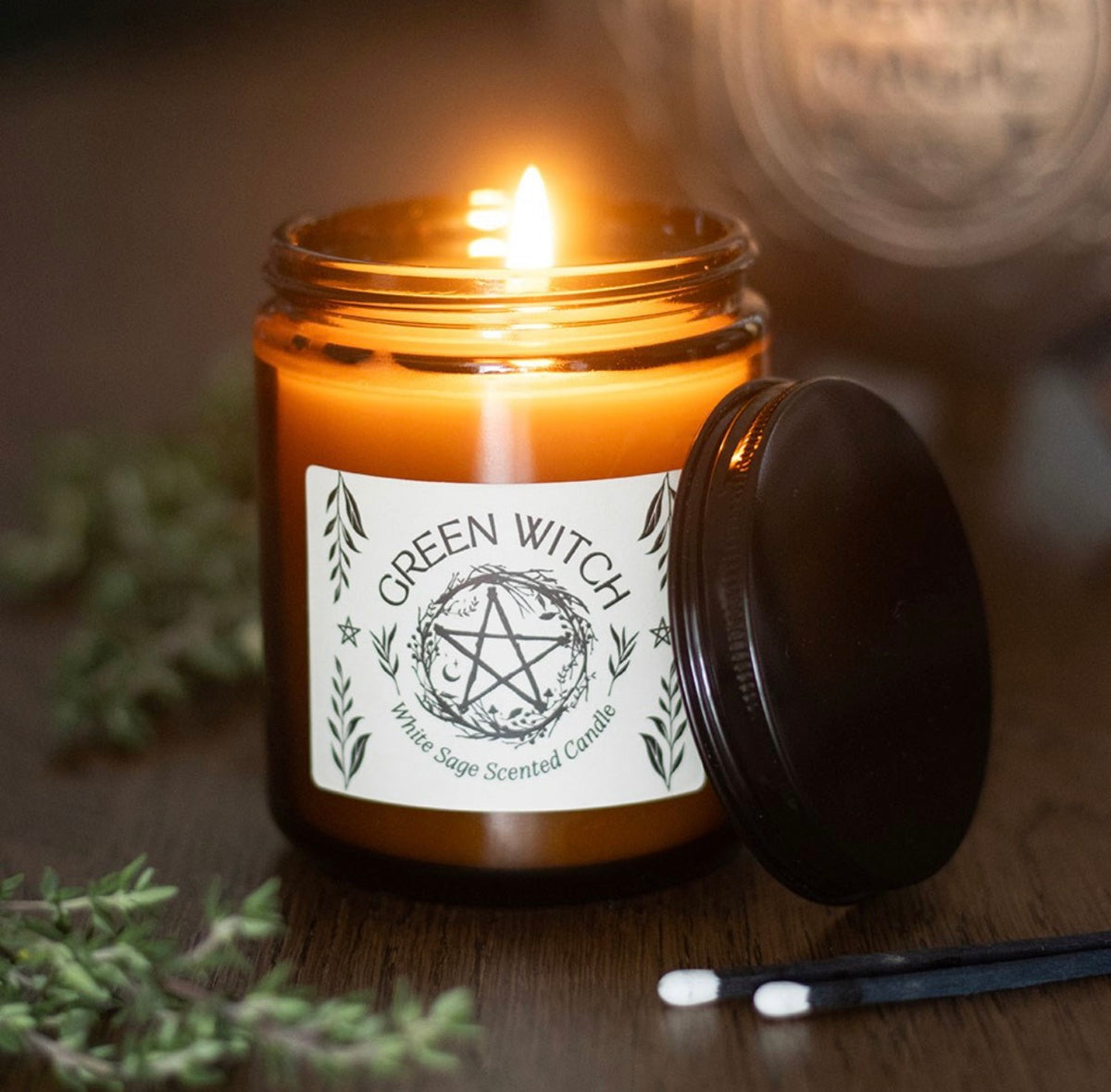 Green Witch White Sage Scented Candle – Amber Glass Jar
