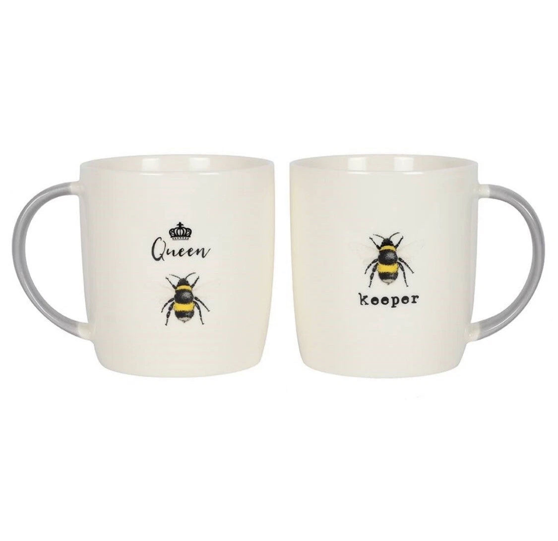 Queen Bee & Keeper Couples Ceramic Mug Set Wedding Pottery 9th Anniversary Gifts