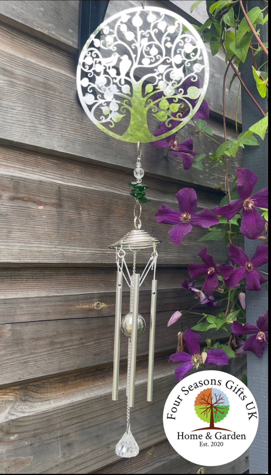 Tree of Life & Birds Stainless Steel Mirrored Wind Chime Spinner Sun-catcher Hanging Garden Decorative Ornament