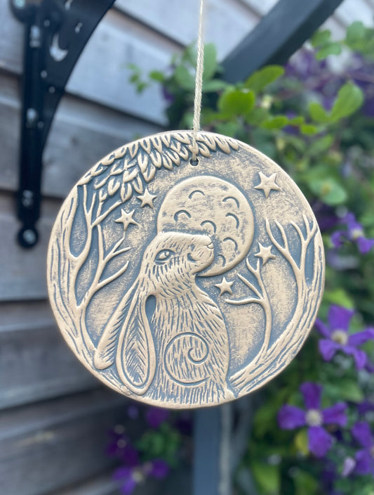 Moon Gazing Hare Bronze Terracotta Hanging Garden Wall Plaque