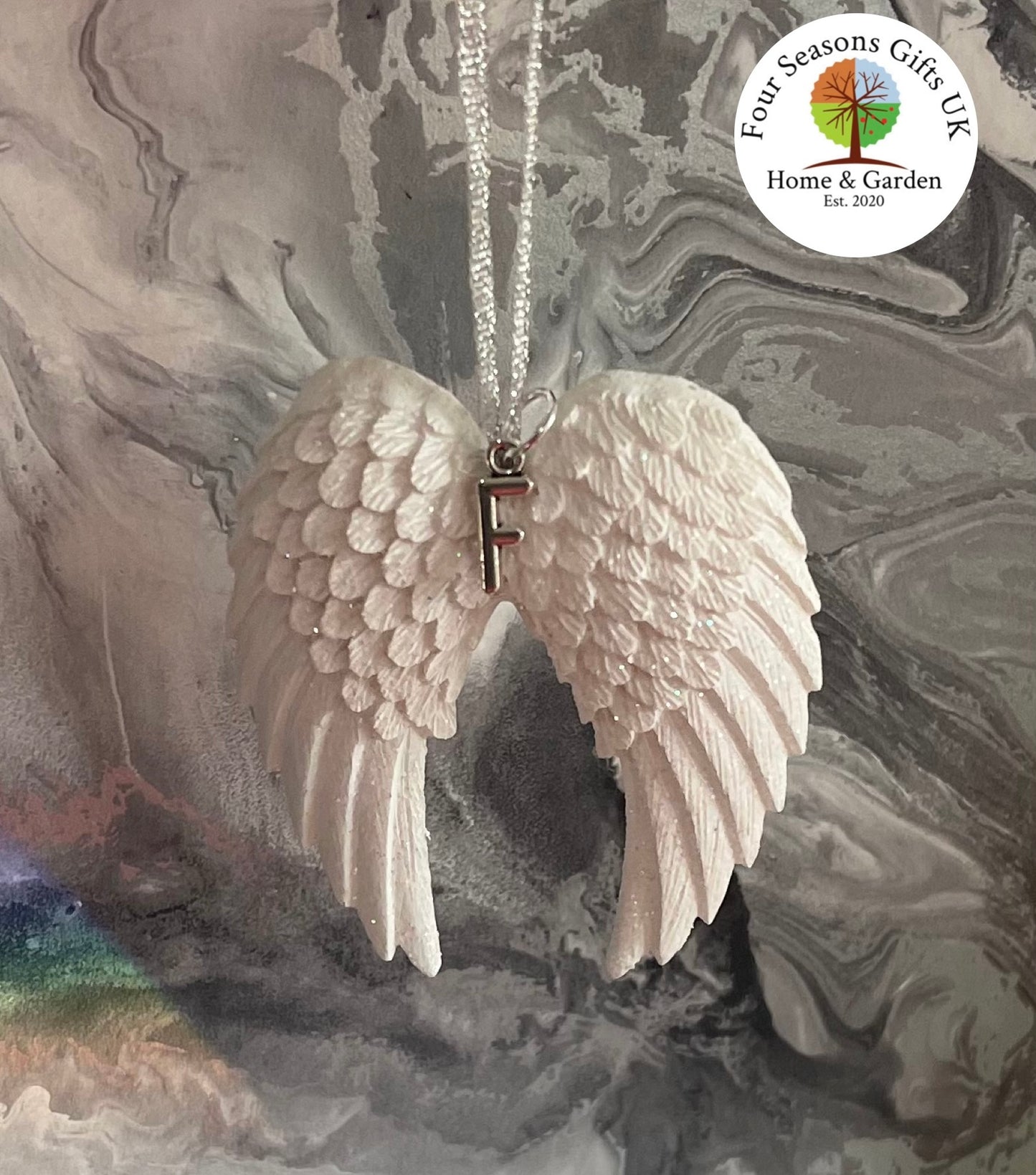 White Glittery Double Angel Wing Personalised Christmas Tree Decoration, Double Sided Ceramic Angel Wing Ornament, Memorial Keepsake Gift