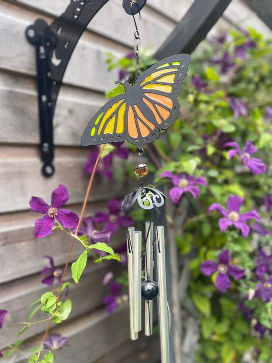 Beautiful Orange, Yellow & Black Butterfly Wind chime Wind Spinner With Crystal Effect Dropper Sun Light Catcher