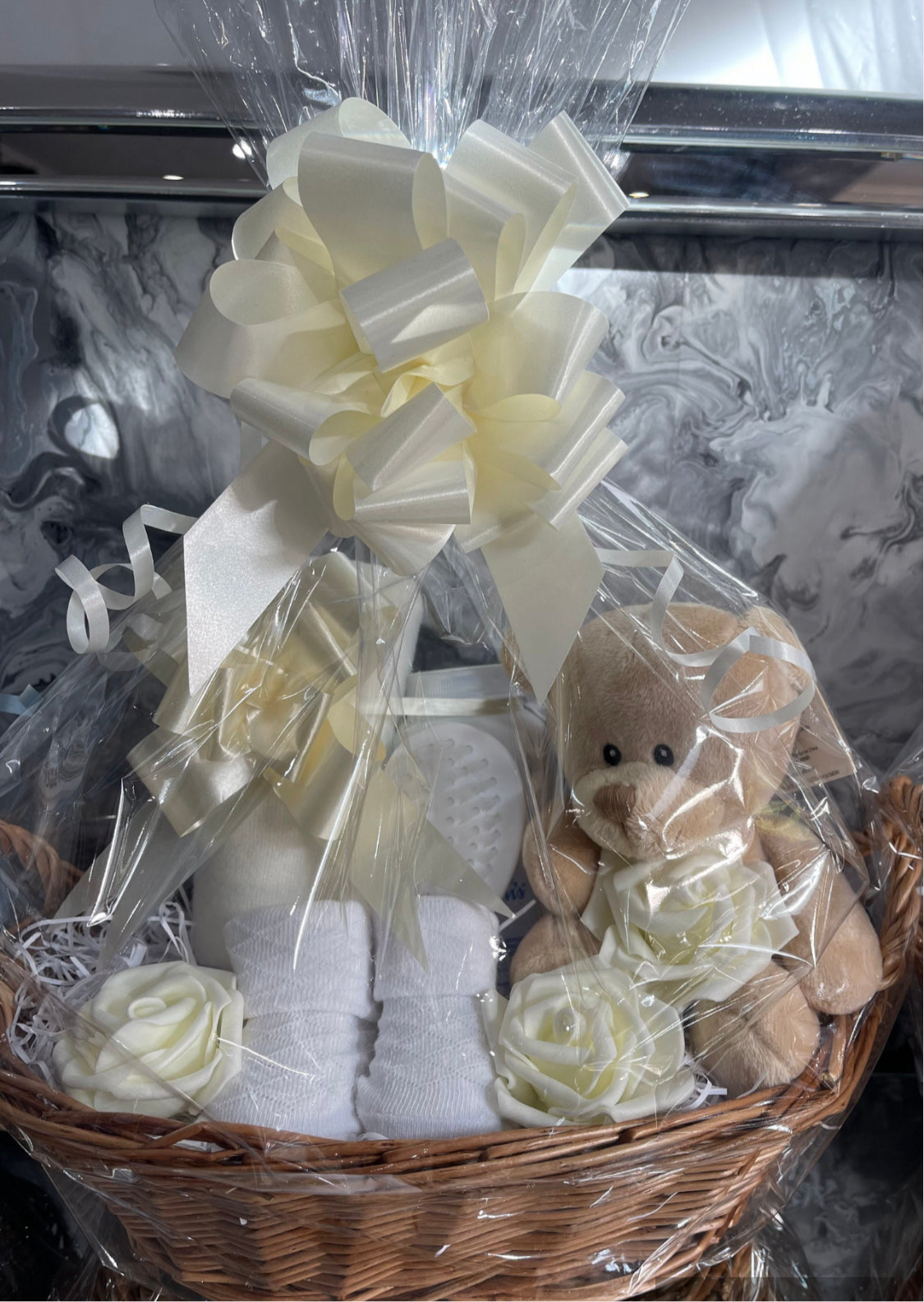 Plush Teddy Bear Baby Hamper Basket Gift Set - Silver, Beige, Pink or Blue.