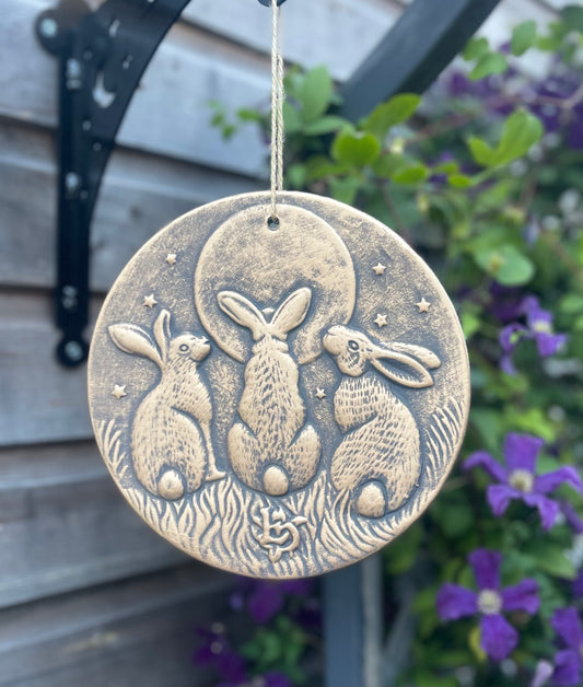 Moon Gazing Hares Terracotta Hanging Garden Wall Plaque Bronze or Silver