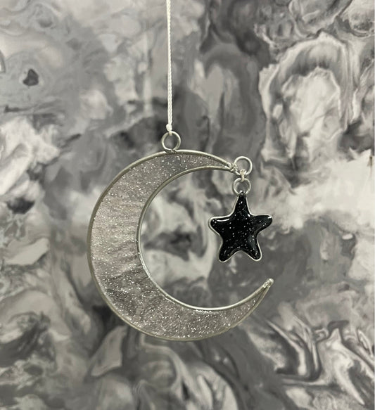 Silver Glittery Crescent Moon & Star Resin Hanging Suncatcher Window or Tree Decoration