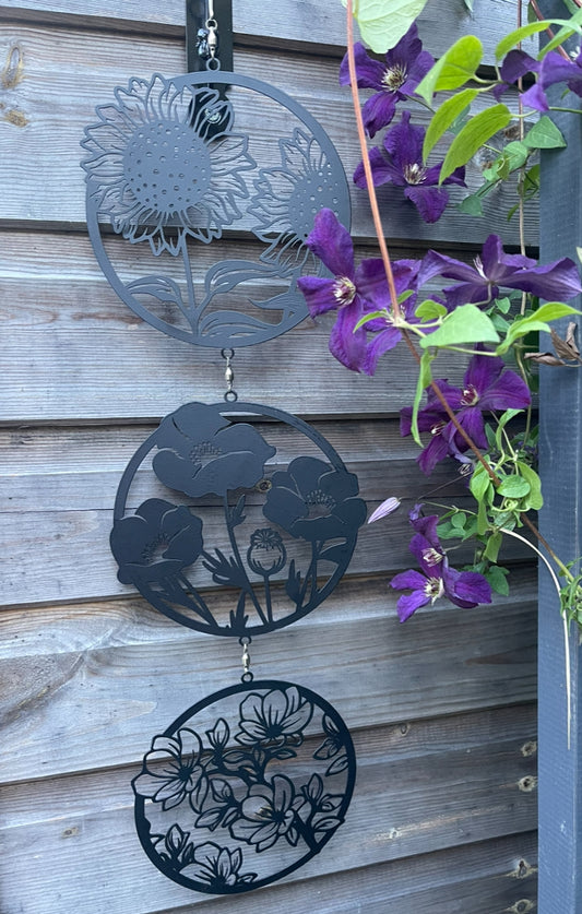 70cm Flower Design Silhouette Trio Orbit Wind Spinning Hanging Garden Decoration - Sunflower, Poppy