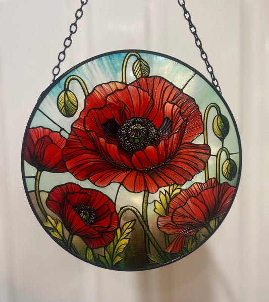 Poppy Suncatcher – Stained Glass Effect Garden Wind Spinner – Colourful Hanging Flower Ornament Remembrance Gift (23cm)