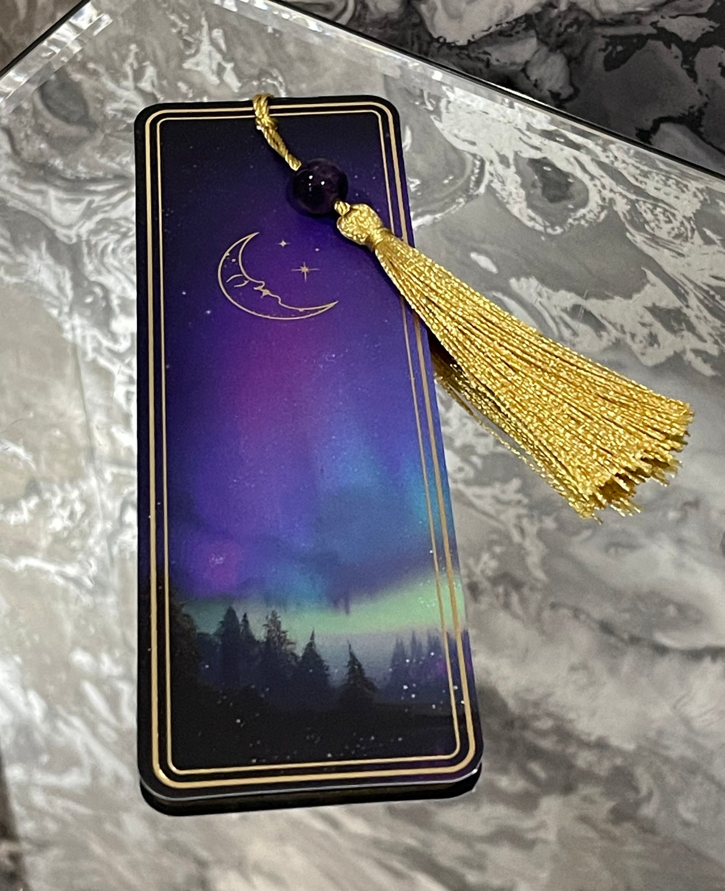 Amethyst Crystal Bookmark – Northern Lights Design with Gold Tassel – Mindfulness & Book Lover Gift