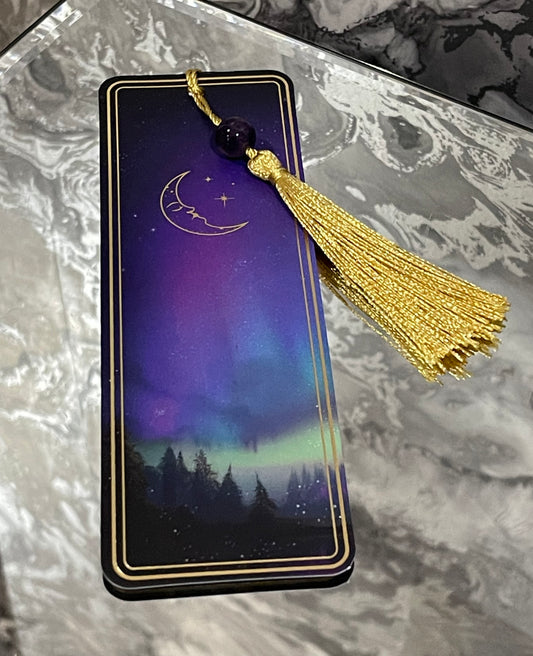 Amethyst Crystal Bookmark – Northern Lights Design with Gold Tassel – Mindfulness & Book Lover Gift