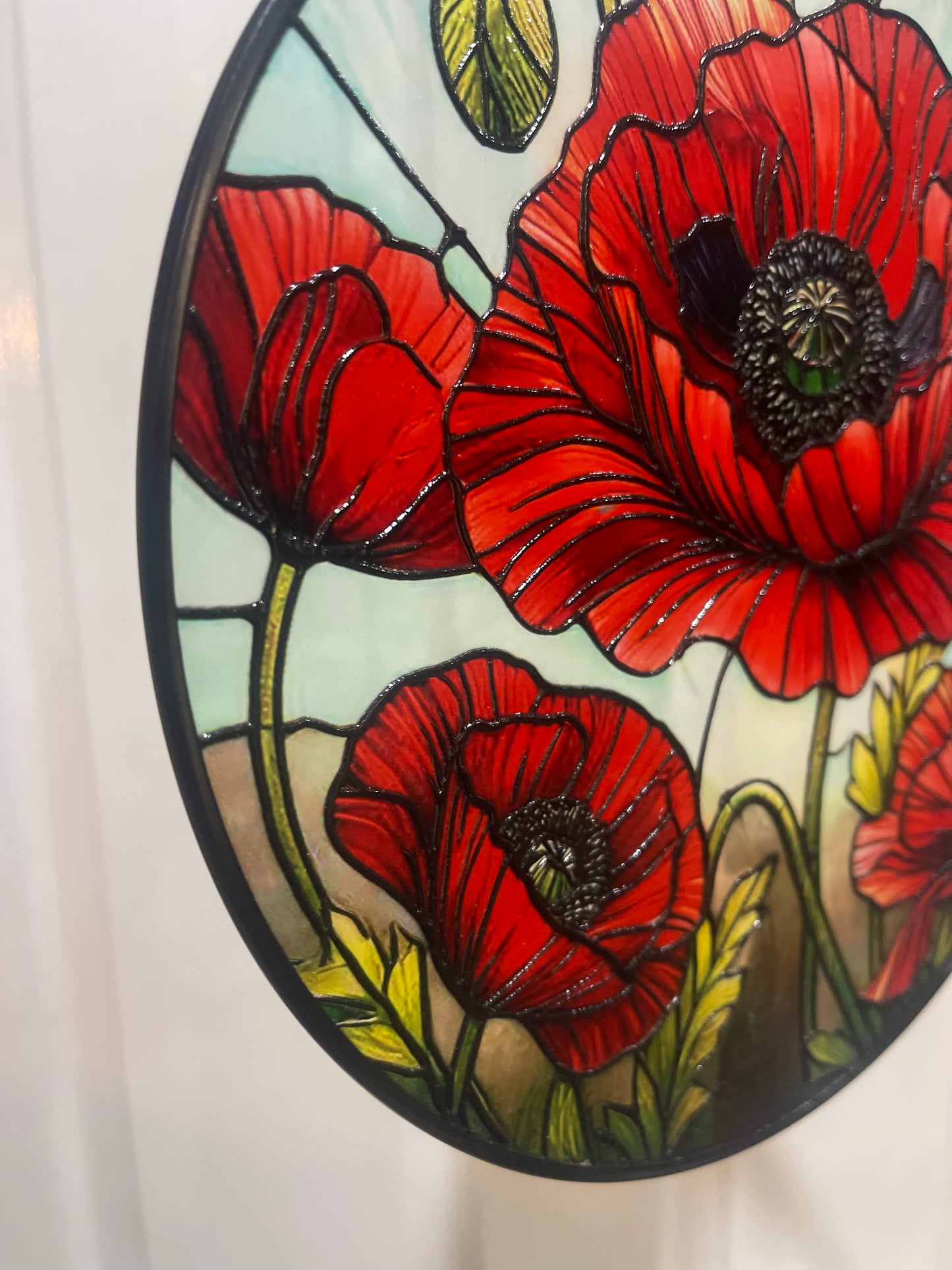 Poppy Suncatcher – Stained Glass Effect Garden Wind Spinner – Colourful Hanging Flower Ornament Remembrance Gift (23cm)