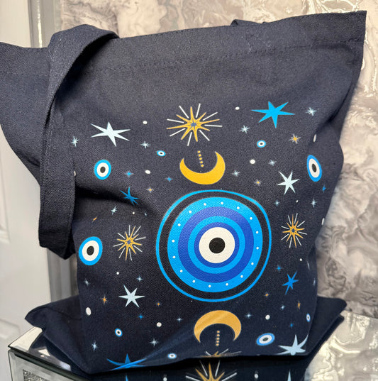 Evil Eye All Seeing Eye Crescent Moon & Stars Print Polycotton Canvas Tote Shopping Storage Bag