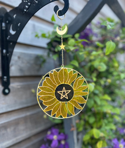 Sunflower Celestial Sun Light Catcher Wind Spinner Garden Hanging Decoration Summer Solstice Pentagram Star & Crescent Moon Garden Gifts