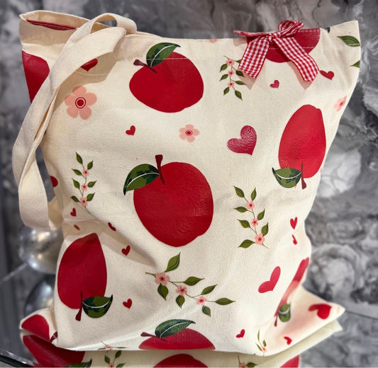 Apple Print Canvas Tote Bag with Gingham Bow – Cottagecore Shopping Bag, Reusable Shopper, Cute Everyday Tote